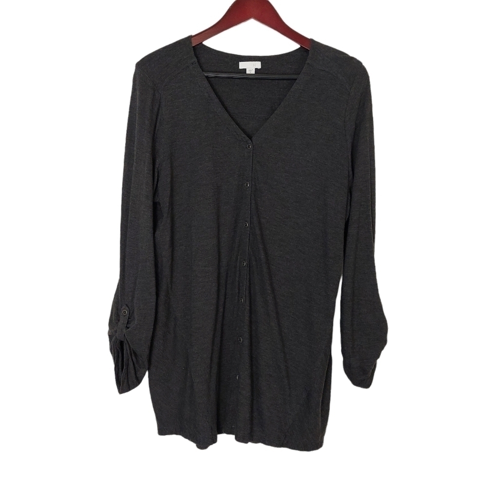 J Jill Charcoal Gray Button Front Cardigan Sweater Roll Tab Sleeves Sz M Stretch